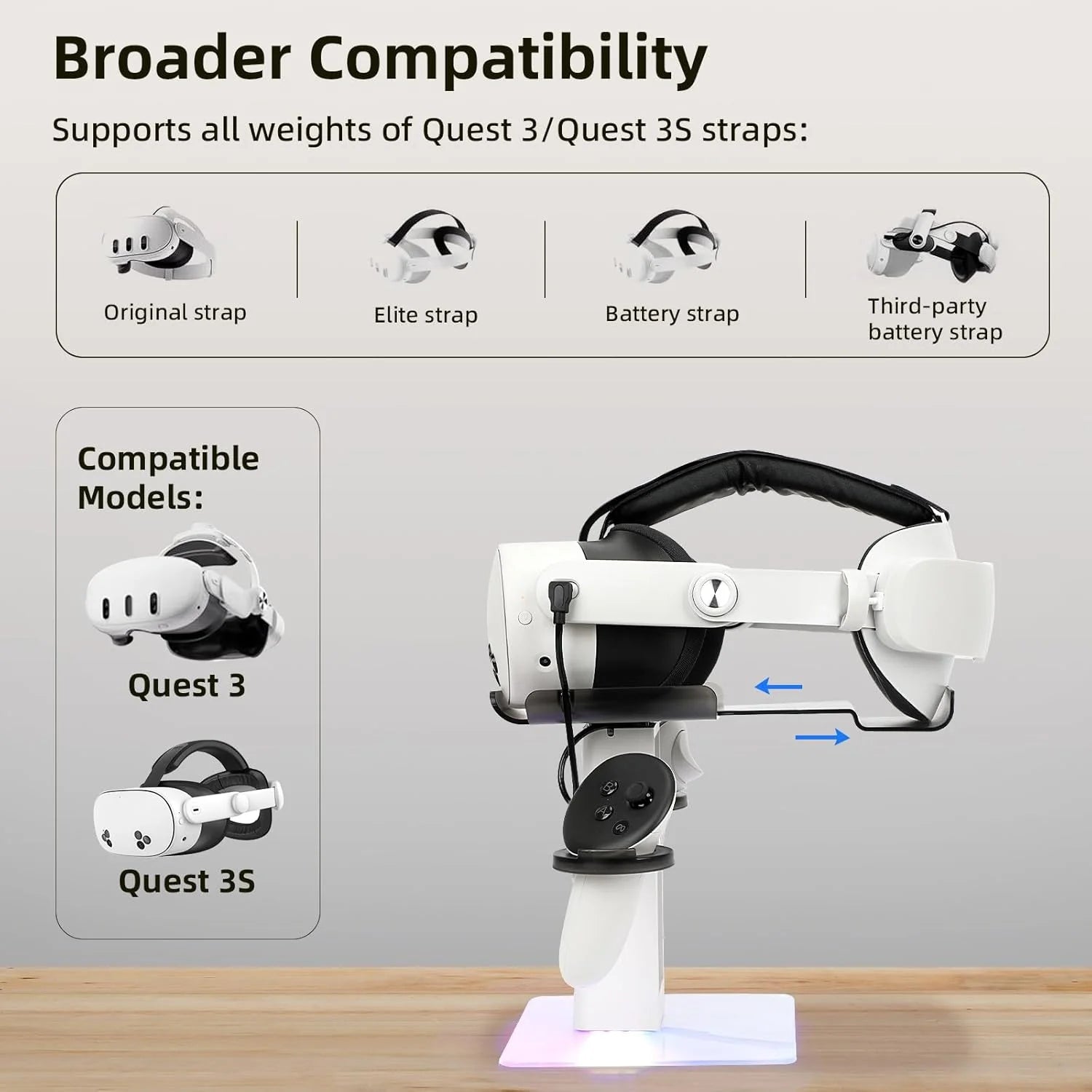 VR Stand Headset Charging Dock for Quest 3S/Quest 3/Quest 2, VR Headset Display Stand and Stable Bracket Storage Base, Bottom RGB LED Light