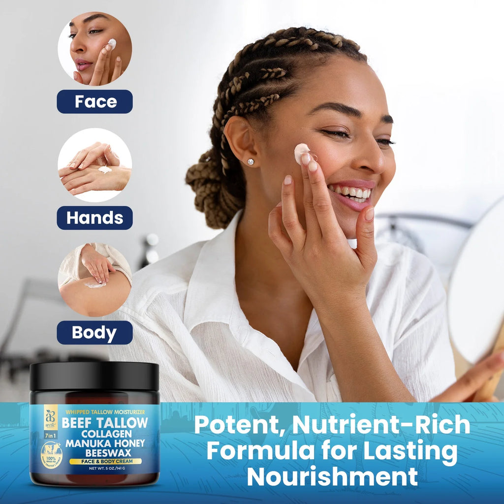 Beef Tallow, Organic Grass-Fed Beef Tallow Balm with Manuka Honey, Aloe Vera, Jojoba Oil, Olive Oil, Beeswax & Collagen, Natural Moisturizer for Face, Body & Lips, Hydrates Dry, Cracked Skin, 5Oz