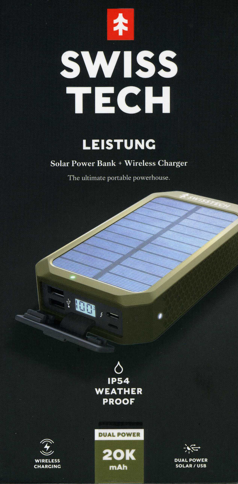 Swiss Tech 20000 Mah SOLAR PORTABLE POWER BANK / WIRELESS CHARGER WEATHER PROOF