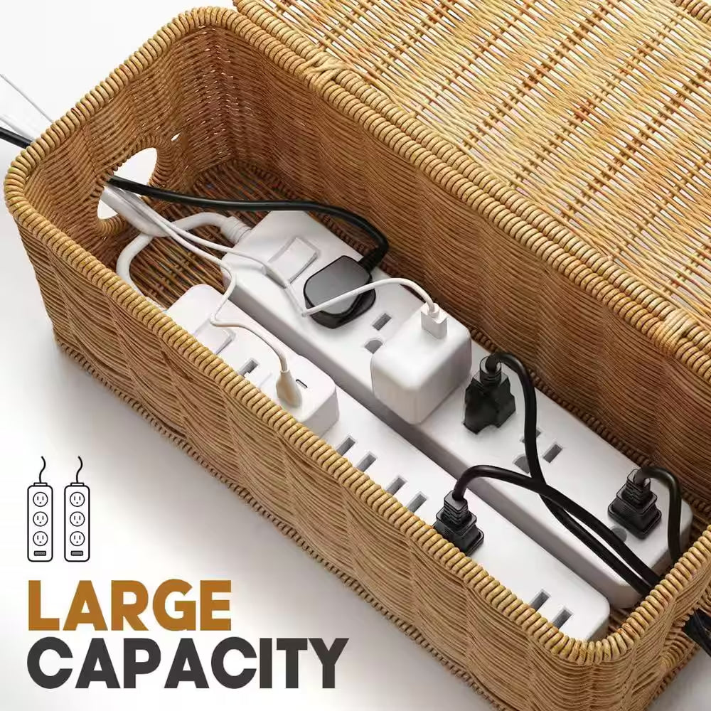 Cable Management Box, 2 0.51 Ft. Open Slots Cord Organizer Hider Box with Handwoven (Light Brown)