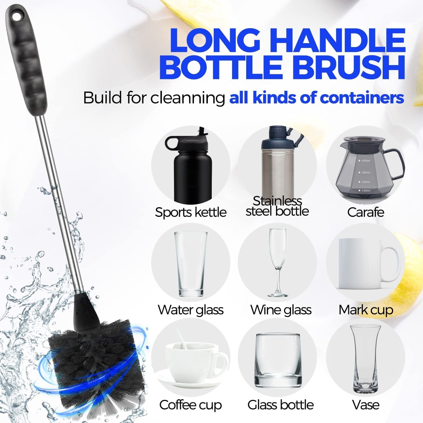 6 Pack Bottle Brush Set, 14" Long Handle Stainless Steel Bottle Cleaner Brush, 3
