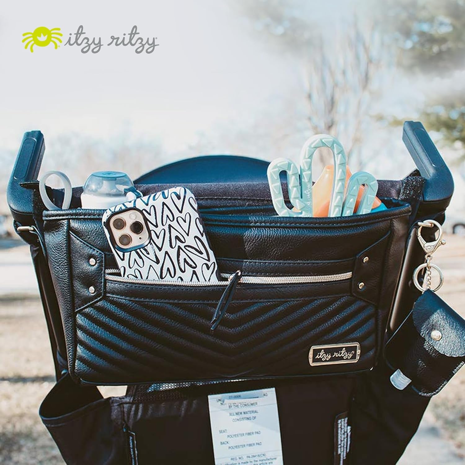 Adjustable Stroller Caddy / Organizer - Stroller Organizer Bag Featuring Front Zippered Pocket, 2 Built-In Interior Pockets & Straps to Fit Nearly Any Model (Black with Gold Hardware)