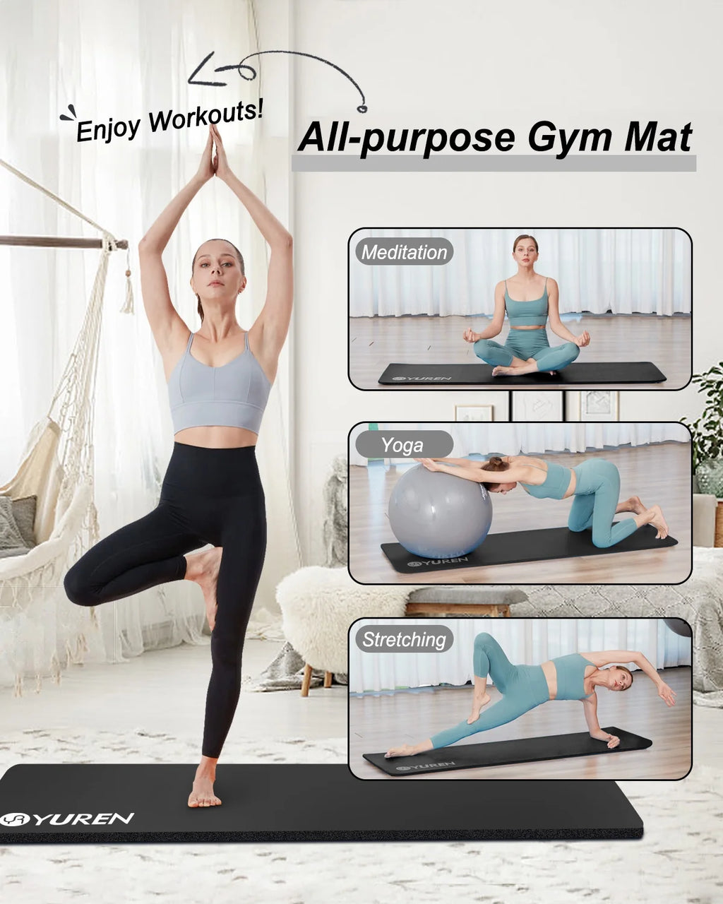 Yoga Mat Thick 15Mm/20Mm Hi-Density NBR Foam In/Outdoor Pilates Exercise Mats, Black W/ Bag