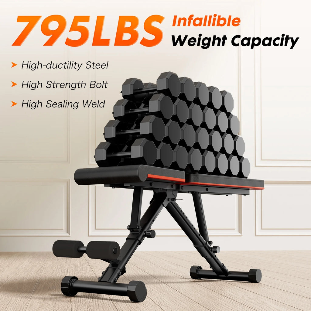 Adjustable Workout Bench for Home Gym, 795Lbs Weight Capacity Foldable Bench Press, Black