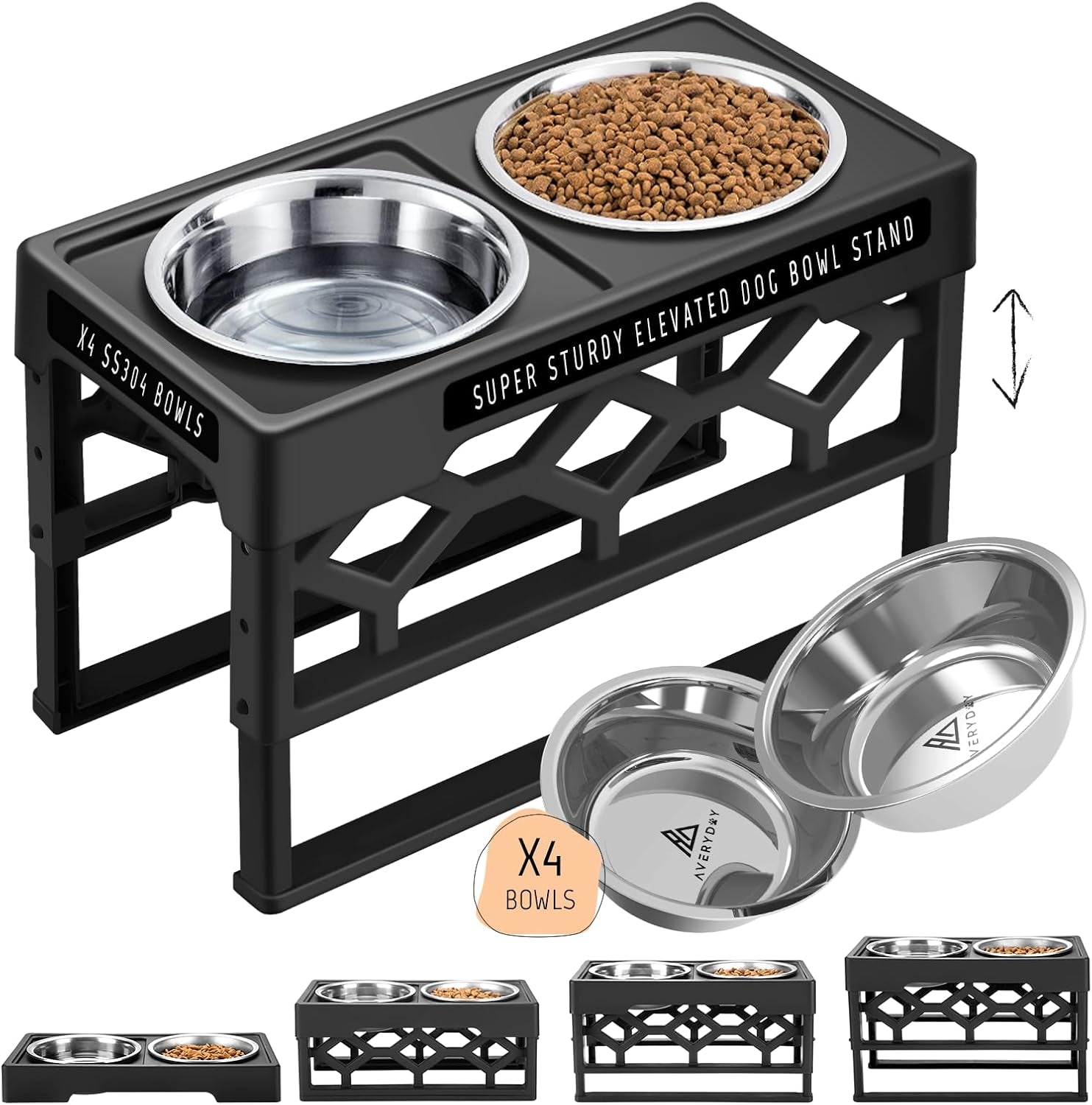 Large Dog Bowls Elevated, 4 Height Adjustable Raised Dog Bowl Stand with 2 Stainless Steel Food and Water Bowls Set, Tall Dogs Feeding Station with Anti-Slip Base for Medium Large Breeds Dogs