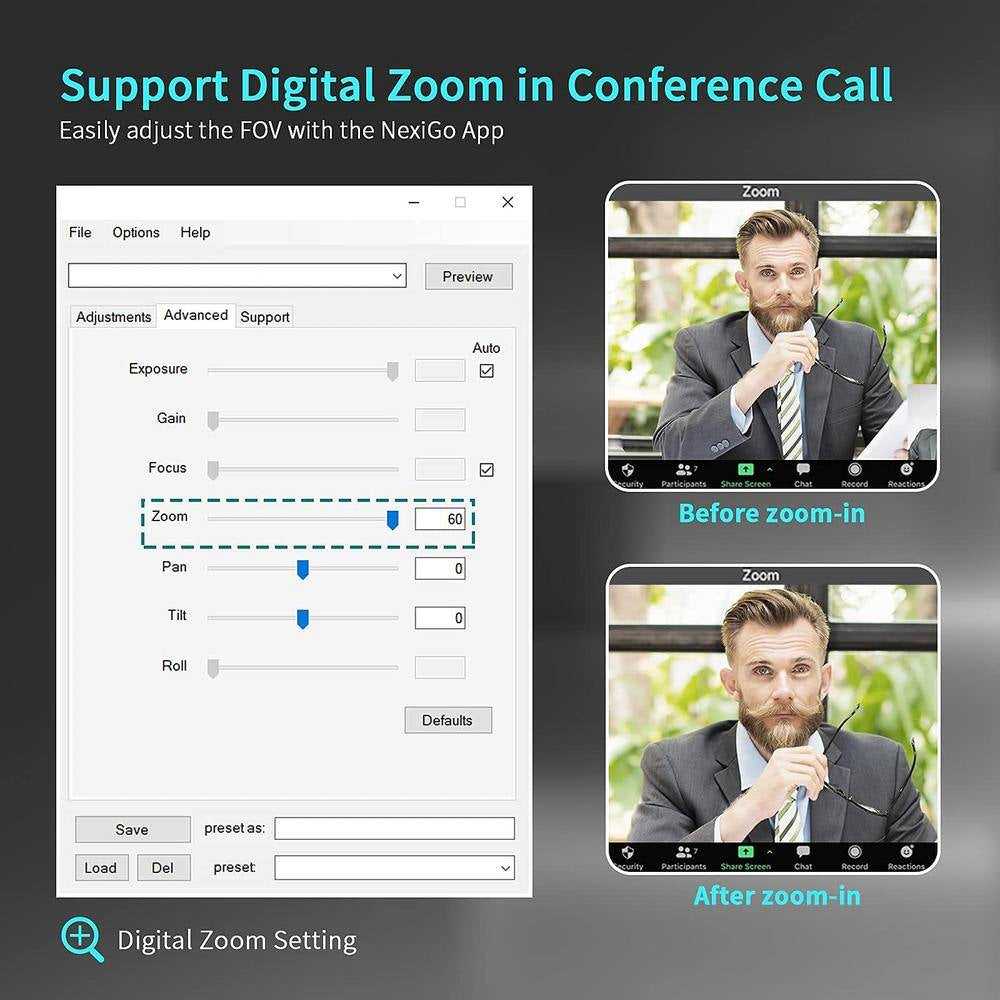 Full HD 1080P 60FPS USB Webcam with Lights in Black (1-Pack)