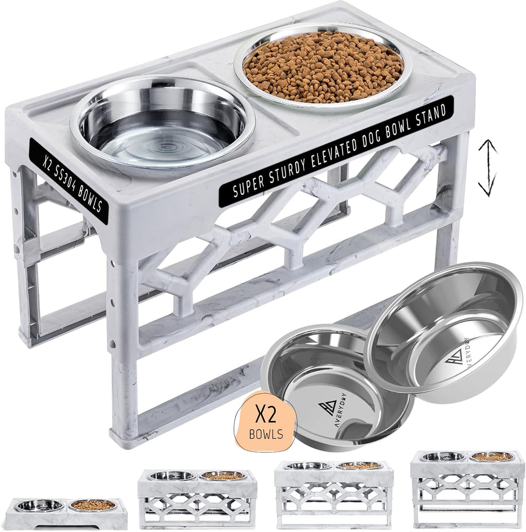 Large Dog Bowls Elevated, 4 Height Adjustable Raised Dog Bowl Stand with 2 Stainless Steel Food and Water Bowls Set, Tall Dogs Feeding Station with Anti-Slip Base for Medium Large Breeds Dogs