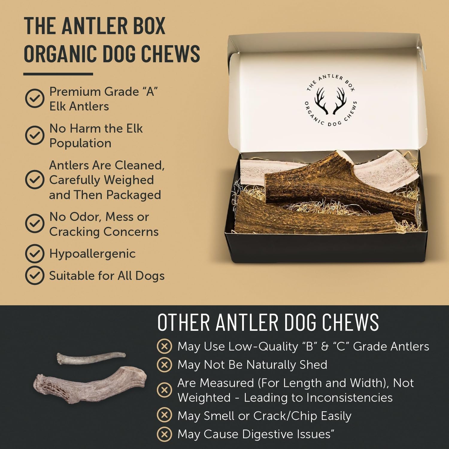 Premium Elk Antler Dog Chews (1 Pound Box) (Large (3 Pieces) Whole/Split Mixed)