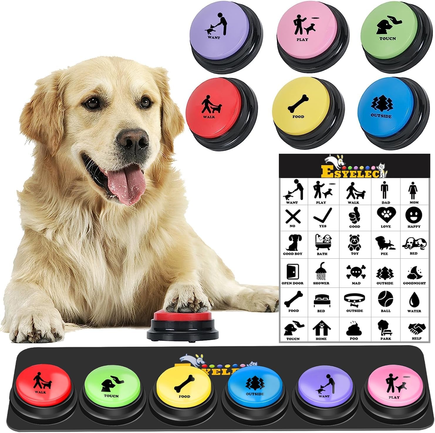 Dog Buttons for Communication, 9 Pcs Dog Talking Button Set, 30S Voice Recording Speaking Button Pet Speech Training Buzzers with 30 Scene Stickers and Waterproof Anti-Slip Mat for Animal Training