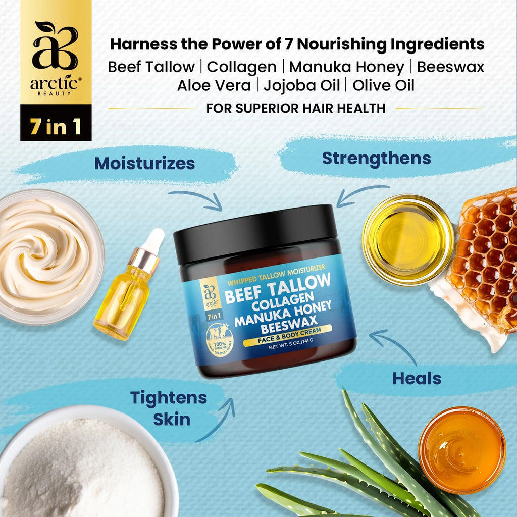 Beef Tallow, Organic Grass-Fed Beef Tallow Balm with Manuka Honey, Aloe Vera, Jojoba Oil, Olive Oil, Beeswax & Collagen, Natural Moisturizer for Face, Body & Lips, Hydrates Dry, Cracked Skin, 5Oz