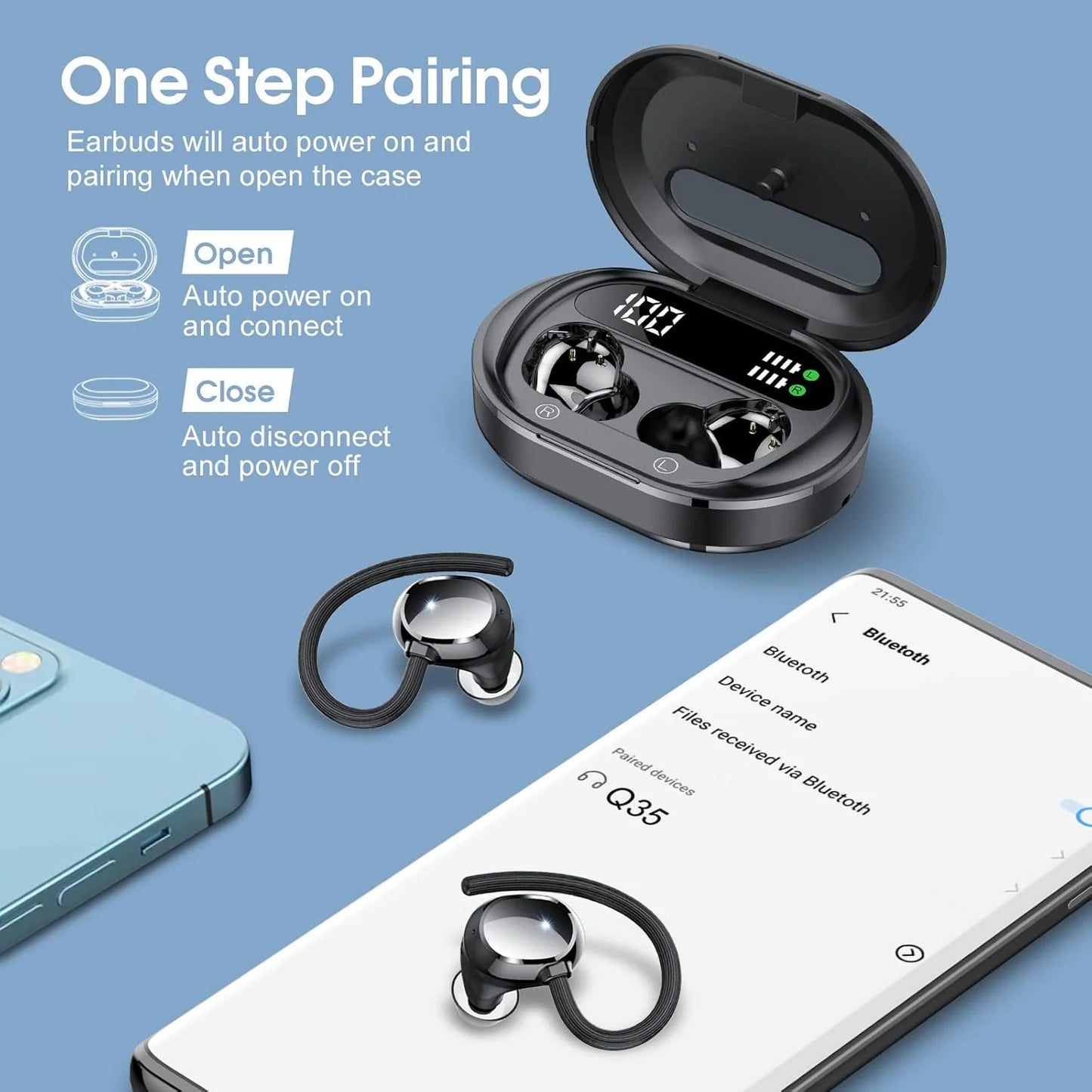 Ultralight Bluetooth Headphones Wireless Earbuds 125Hrs Sport Earphones with LED Display, Noise Cancelling Headphones with Earhooks Built-In Mic, IPX7 Waterproof Headset for Workout, Black