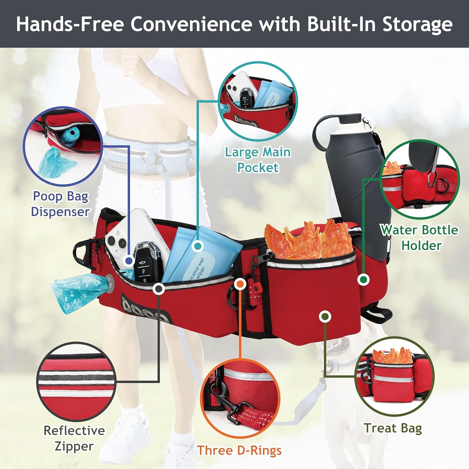 Hands Free Dog Leash (Waist 26”- 48”, Leash- 1”X 5Ft) Waist Belt for Walking, Running, Training & Hiking, Bungee with Dual Handles, Adjustable Fit, Reflective Safety Design for Large Dogs (Black)