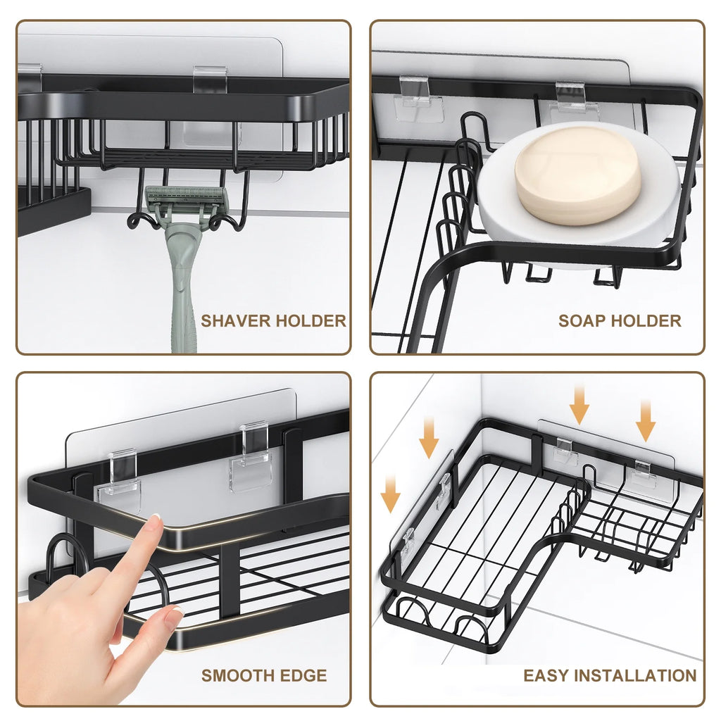 5 PCS Corner Shower Caddy, No Drilling Stainless Steel Shower Storage Rack with Hooks & Toothpaste Holder for Bathroom, Black