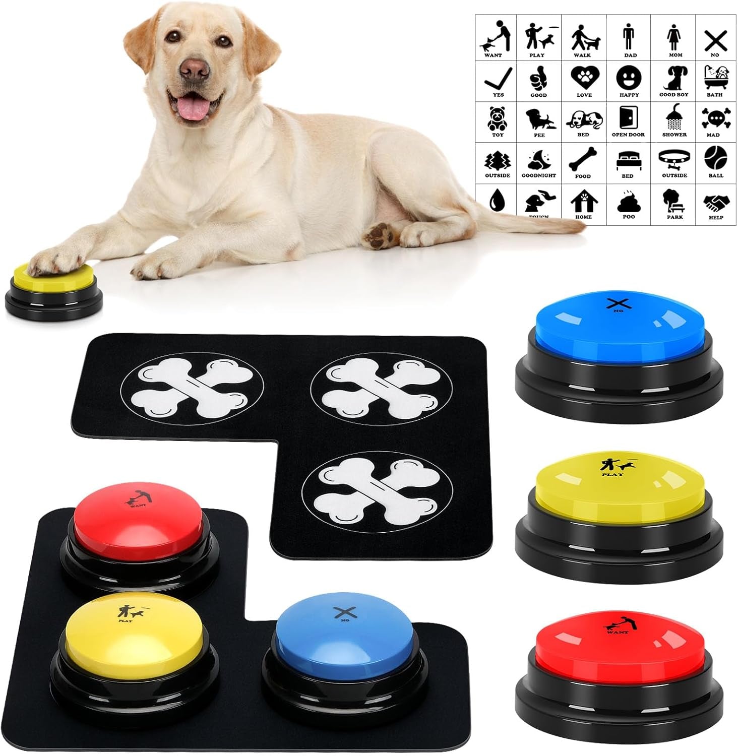 Dog Buttons for Communication, 9 Pcs Dog Talking Button Set, 30S Voice Recording Speaking Button Pet Speech Training Buzzers with 30 Scene Stickers and Waterproof Anti-Slip Mat for Animal Training