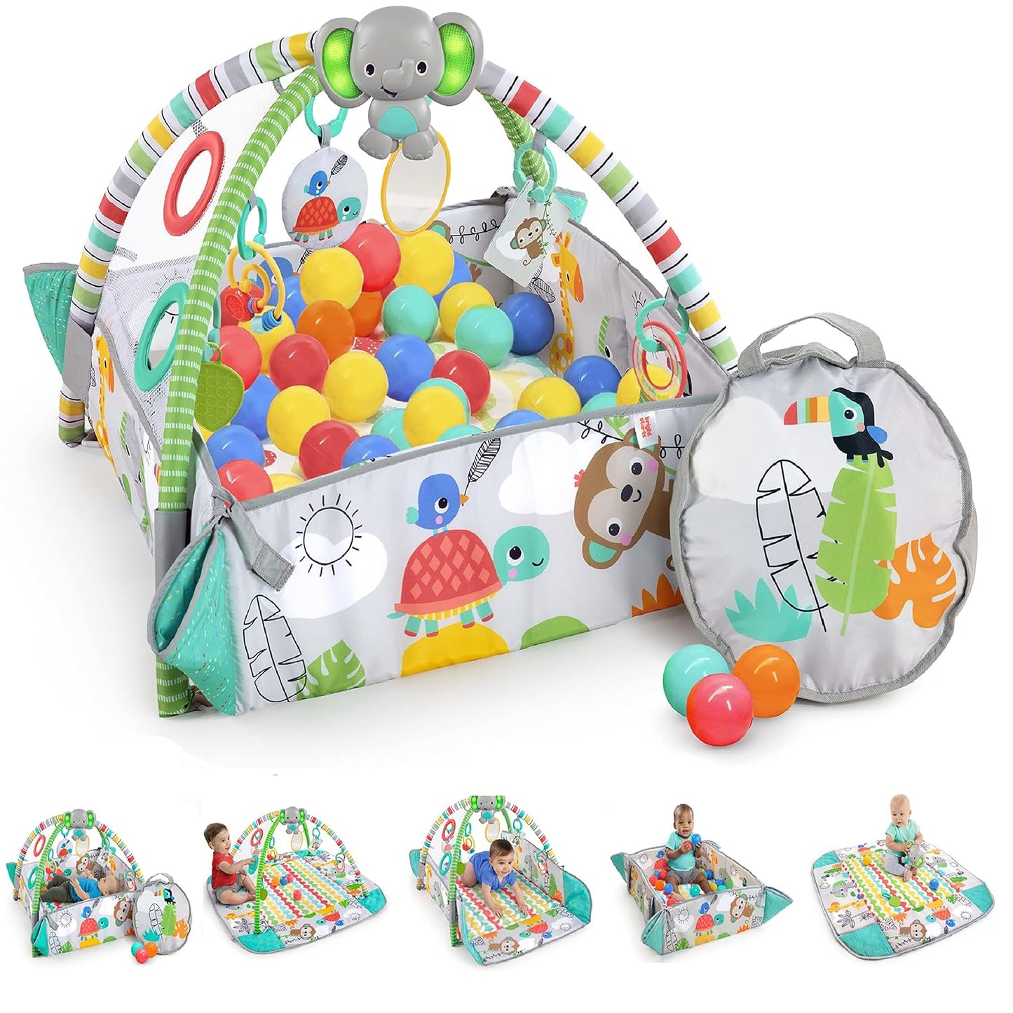 5-In-1 Your Way Ball Play - Jumbo Play Mat Converts to Ball Pit Baby Gym, Newborn to Toddler - Totally Tropical (Green)