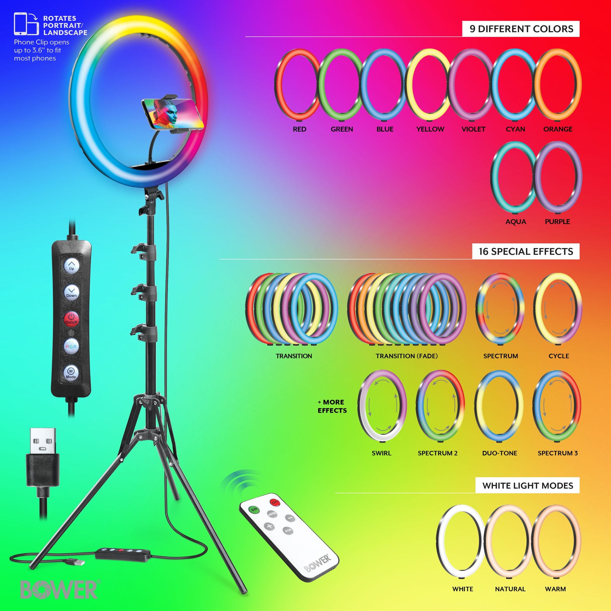 Brand 16-Inch White and RGB LED Ring Light Kit with Tripod; Black
