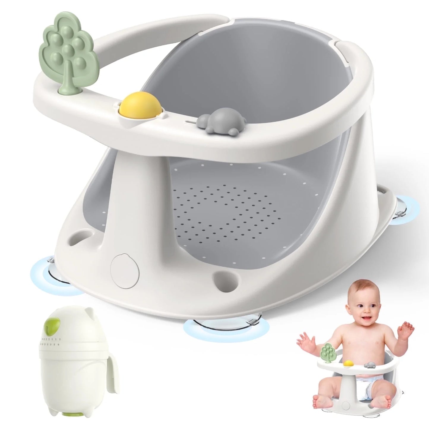 Baby Bath Seat for 6 Months and up - Non-Slip, Comfortable Bath Seat with Rinse Cup,Baby Bathing Essentials Grey