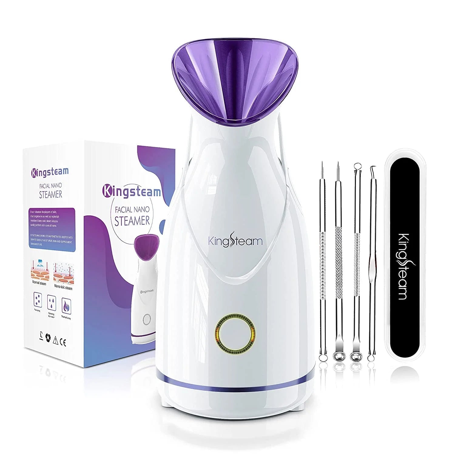 Nano Ionic Facial Steamer & 4-Pc Face Skin Care Tool Set Blackhead Removal Tools for Home Facial Sauna Spa