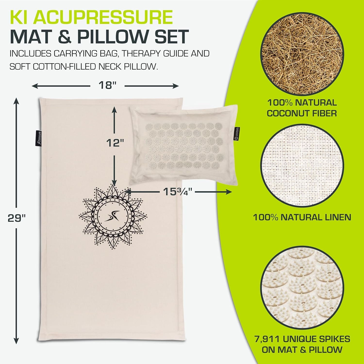 Ki Acupressure Mat and Pillow Set with 100% Natural Linen for Back/Neck Pain Relief and Muscle Relaxation, Sand Dunes