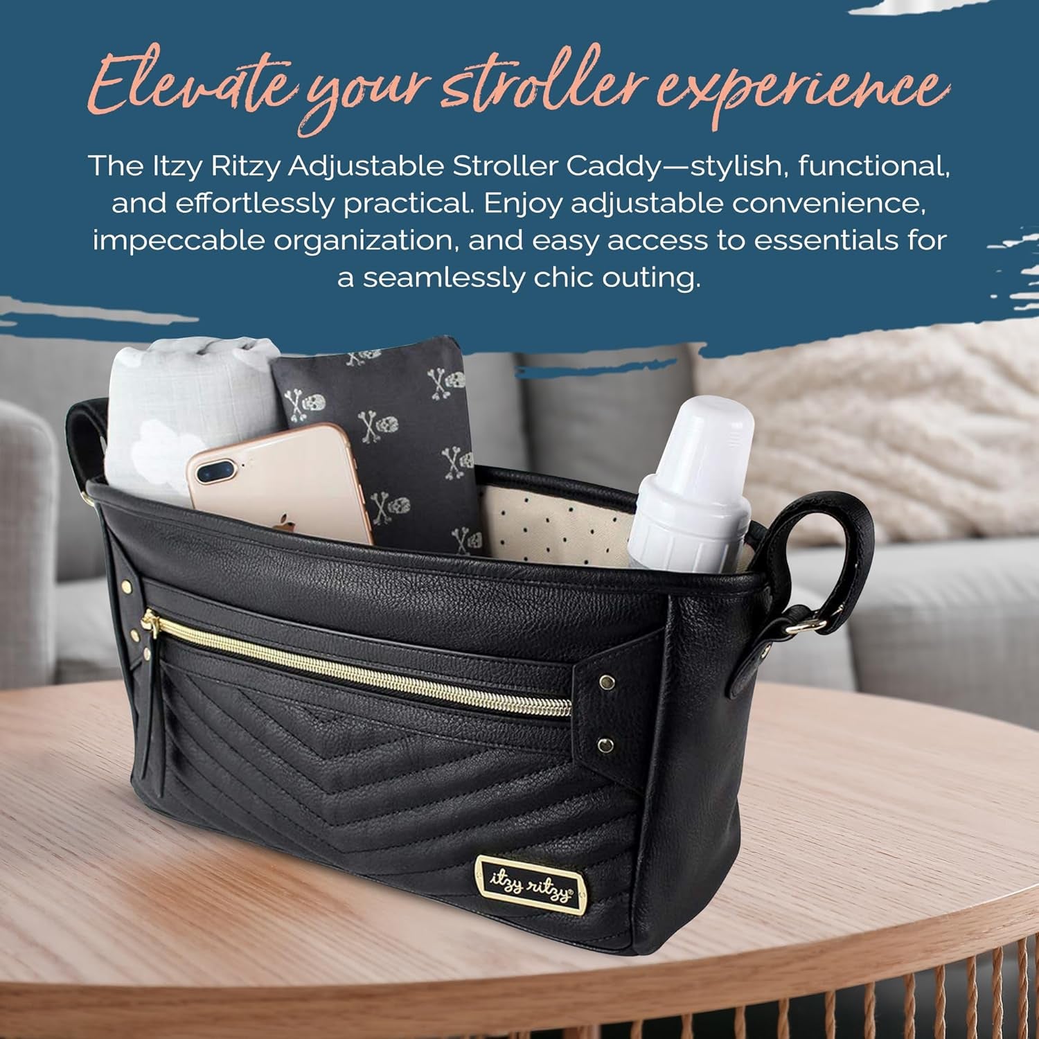 Adjustable Stroller Caddy / Organizer - Stroller Organizer Bag Featuring Front Zippered Pocket, 2 Built-In Interior Pockets & Straps to Fit Nearly Any Model (Black with Gold Hardware)