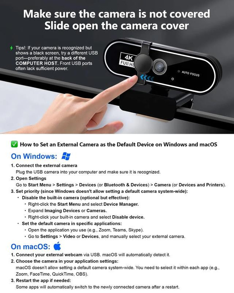 Webcam 4K HD USB Autofocus PC Webcam with Dual Mics for Xbox Laptop Computer Gam