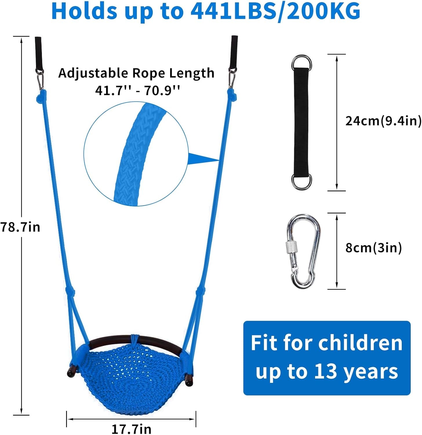 Kids Swing for Swing Set, Heavy Duty Rope Swings with Snap Hooks and Straps, 440LBS Capacity, Toddler Swing Seat for Indoor Porch, Outdoor Playground, Tree, Blue