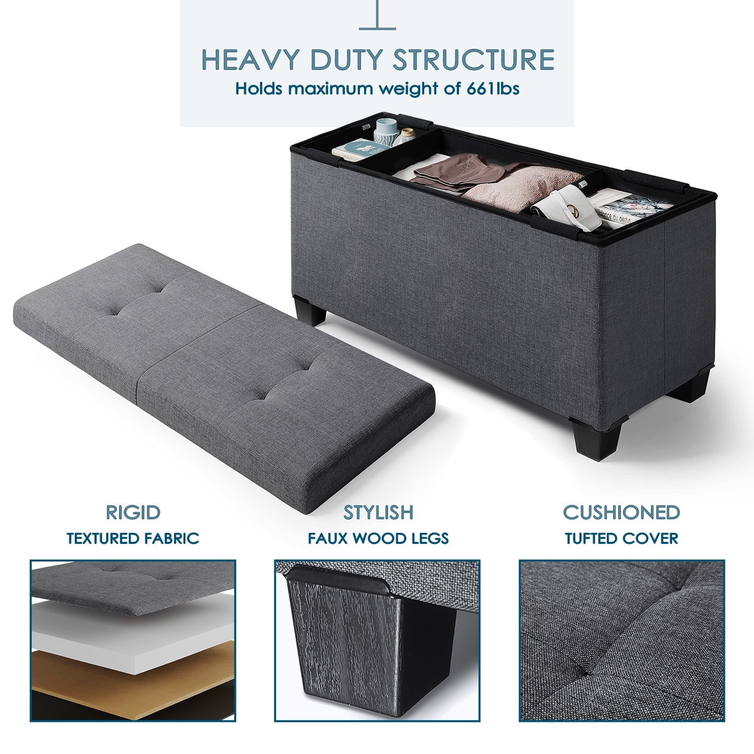 Ottoman Storage Bench, Linen 30" Storage Ottoman Bench, Gray