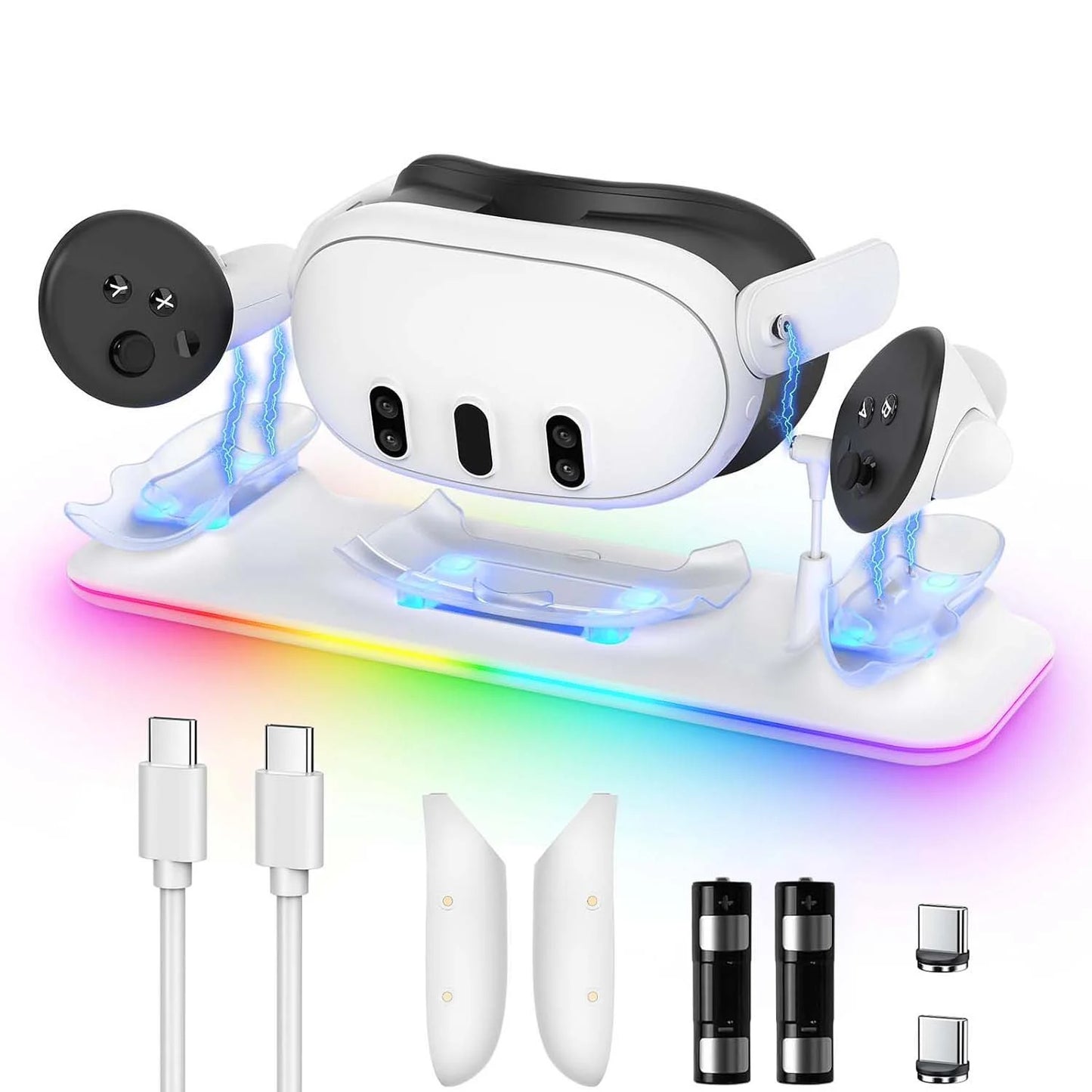 VR Charging Dock for Meta Quest 3, Fast Charging Station with Colorful RGB Light for Oculus Quest 3, Magnetic Charging Stand for VR Headset and Touch Controllers with 2 Rechargeable Batteries, White