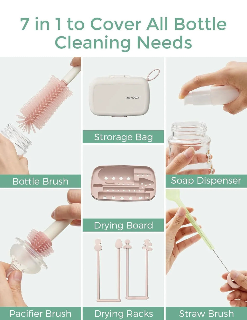 Bottle Brush Set - Baby Bottle Cleaner Kit with Silicone Brush, Nipple Brush, Straw Brush, Soap Dispenser, Drying Rack - 7 in 1 Bottle Cleaning Tool for Home and Travel, Pink