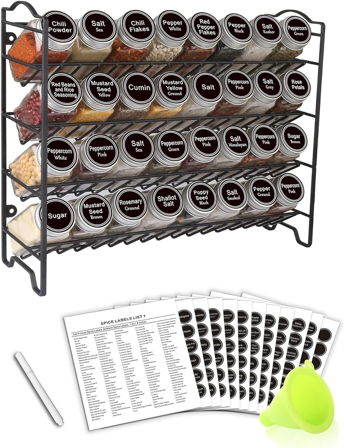 Spice Rack Organizer with 24 Empty Glass Spice Jars, 396 Spice Labels with Chalk Marker and Funnel Complete Set, for Countertop, Cabinet or Wall Mount, Silver