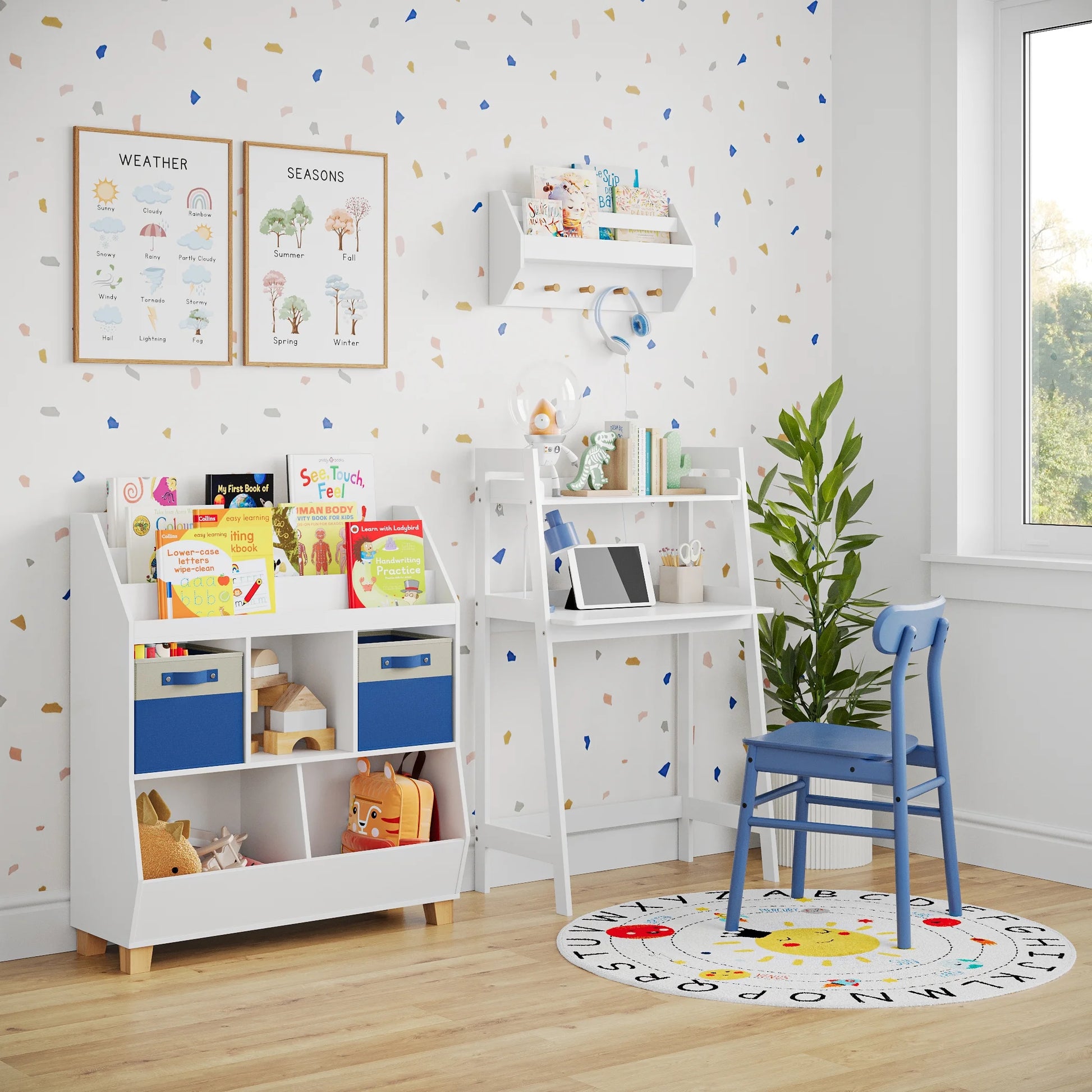 Kids Catch-All 35In Storage Organizer with Cubbies, Bins, and Bookracks - White