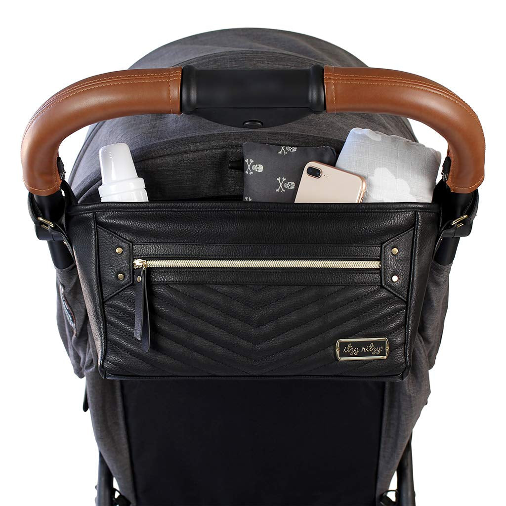 Adjustable Stroller Caddy / Organizer - Stroller Organizer Bag Featuring Front Zippered Pocket, 2 Built-In Interior Pockets & Straps to Fit Nearly Any Model (Black with Gold Hardware)