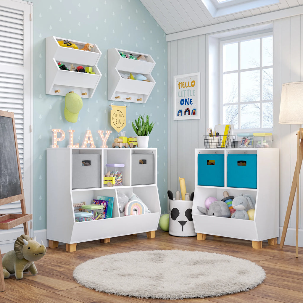 Kids Catch-All 24In Cubby Bookshelf and Toy Storage Organizer with 2 Gray Bins