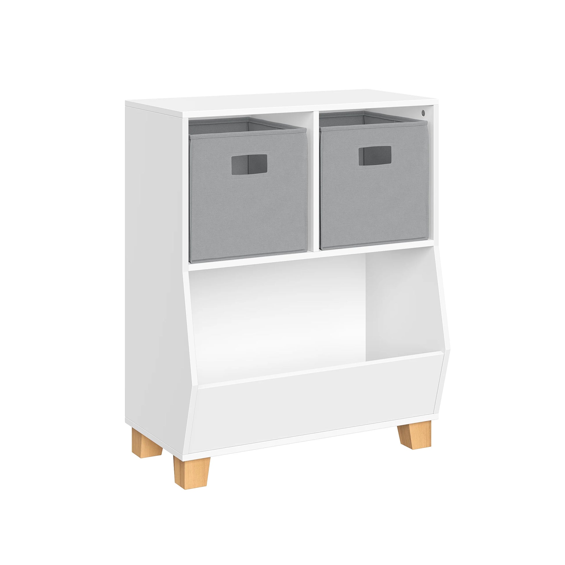 Kids Catch-All 24In Cubby Bookshelf and Toy Storage Organizer with 2 Gray Bins