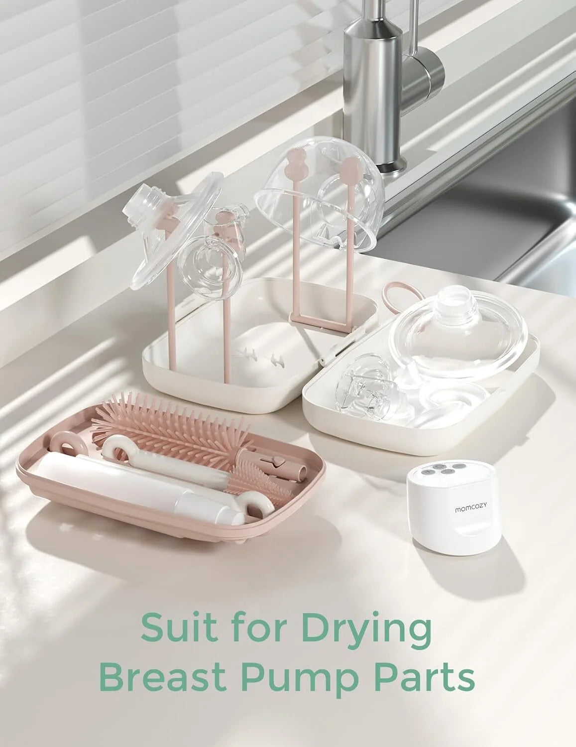Bottle Brush Set - Baby Bottle Cleaner Kit with Silicone Brush, Nipple Brush, Straw Brush, Soap Dispenser, Drying Rack - 7 in 1 Bottle Cleaning Tool for Home and Travel, Pink