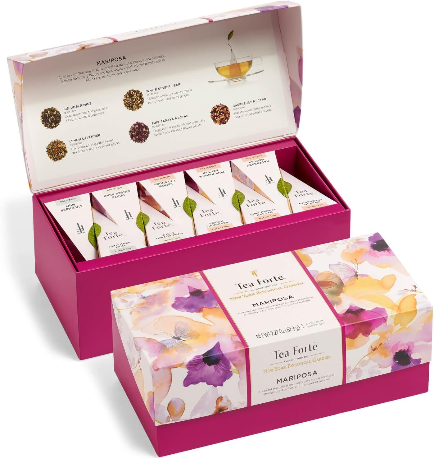 Wellbeing Assorted Presentation Box Tea Gift Set, 20 Count, 2 of Each Variety Individually Wrapped Handcrafted Pyramid Infuser Bags