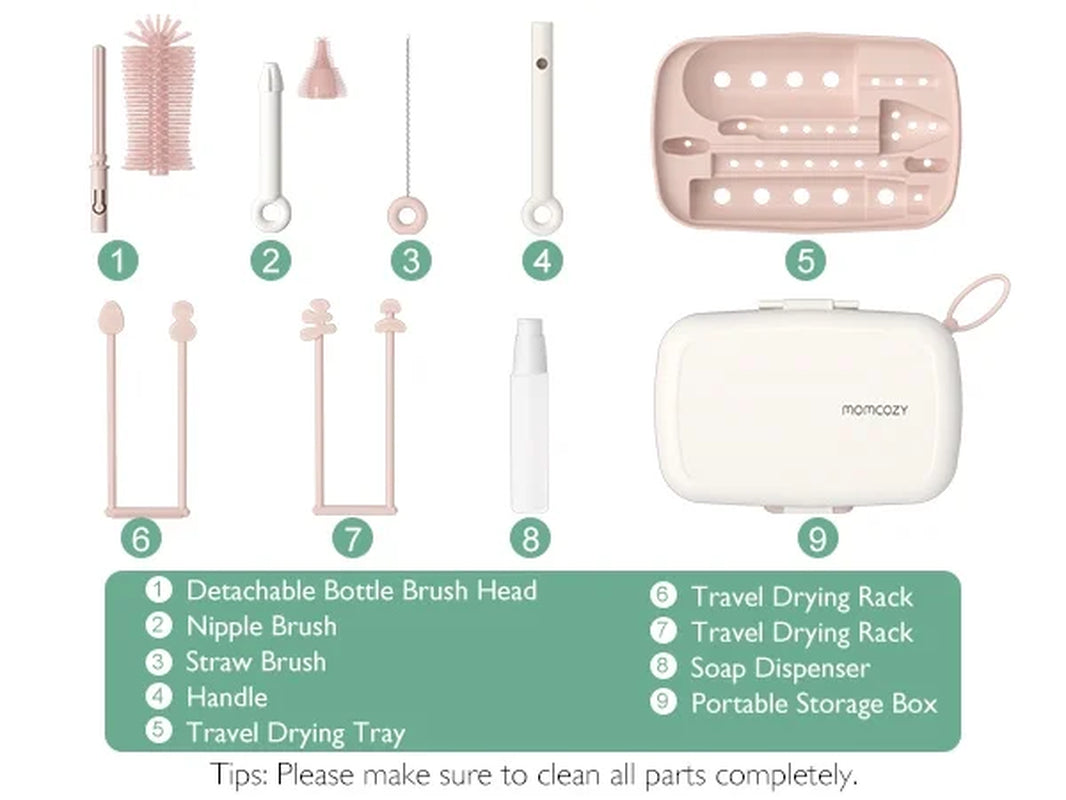 Bottle Brush Set - Baby Bottle Cleaner Kit with Silicone Brush, Nipple Brush, Straw Brush, Soap Dispenser, Drying Rack - 7 in 1 Bottle Cleaning Tool for Home and Travel, Pink