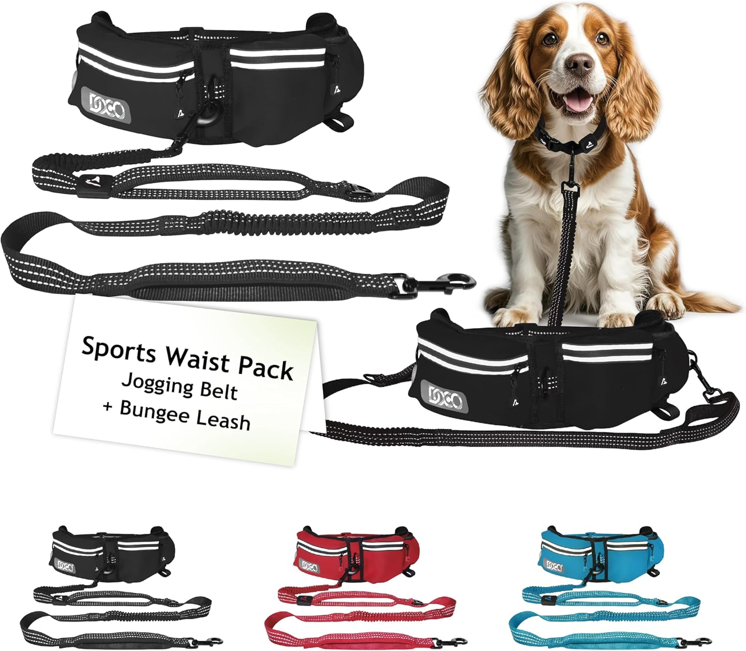 Hands Free Dog Leash (Waist 26”- 48”, Leash- 1”X 5Ft) Waist Belt for Walking, Running, Training & Hiking, Bungee with Dual Handles, Adjustable Fit, Reflective Safety Design for Large Dogs (Black)