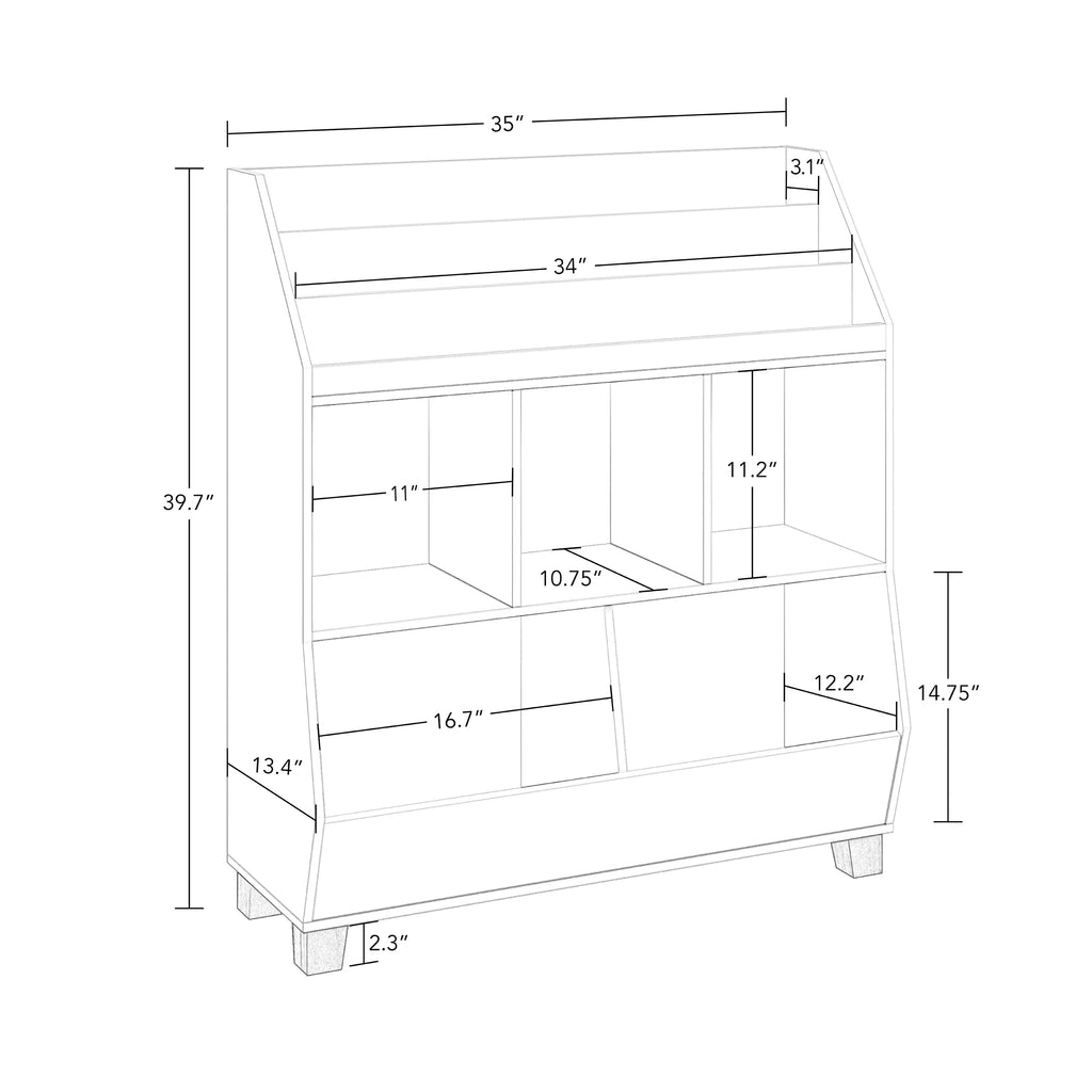Kids Catch-All 35In Storage Organizer with Cubbies, Bins, and Bookracks - White
