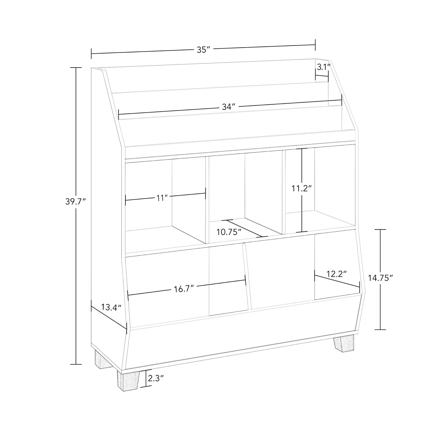 Kids Catch-All 35In Storage Organizer with Cubbies, Bins, and Bookracks - White