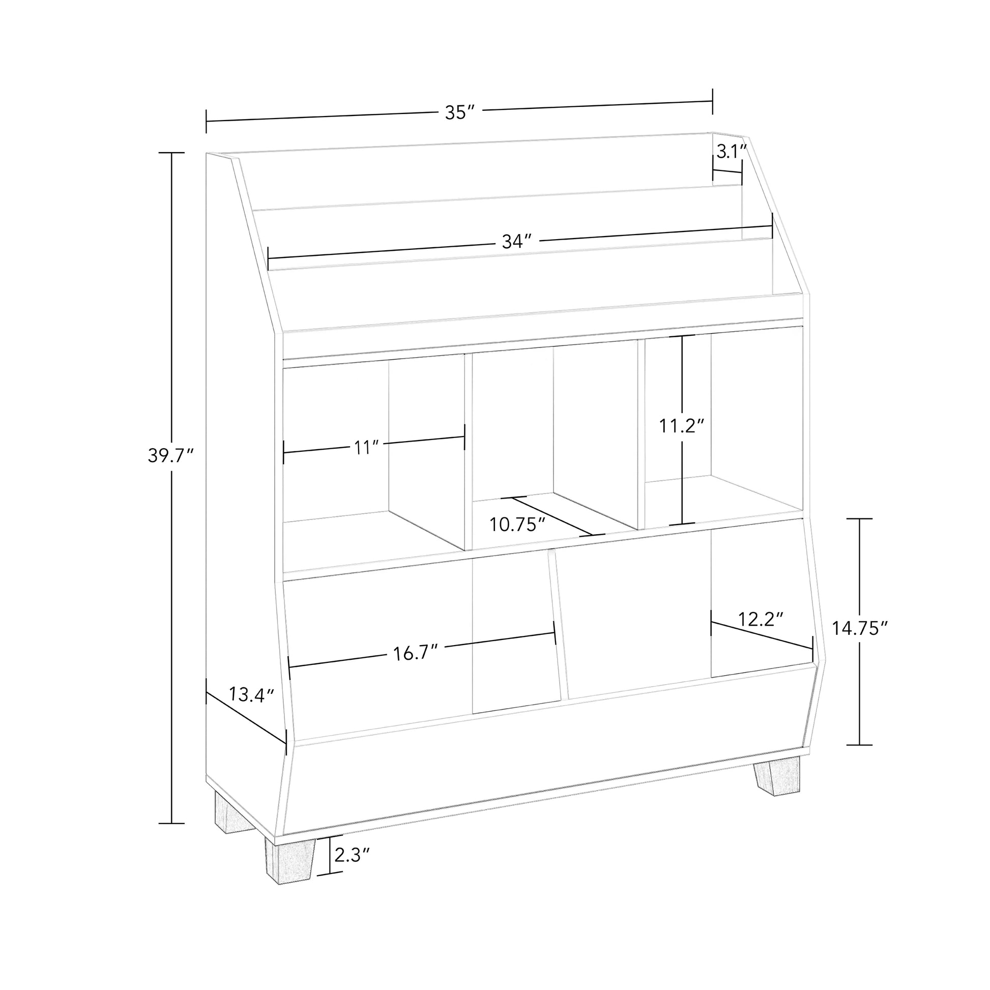Kids Catch-All 35In Storage Organizer with Cubbies, Bins, and Bookracks - White