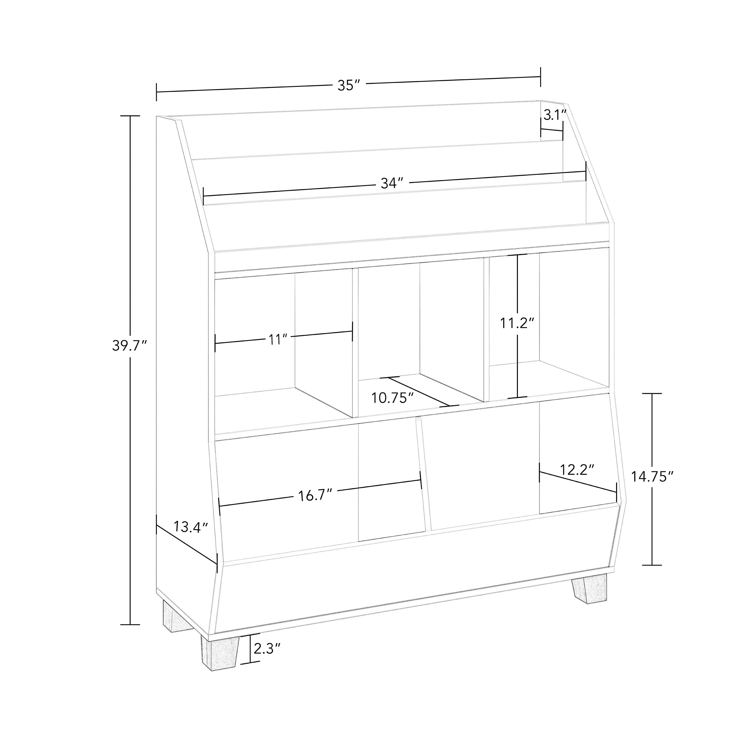 Kids Catch-All 35In Storage Organizer with Cubbies, Bins, and Bookracks - White