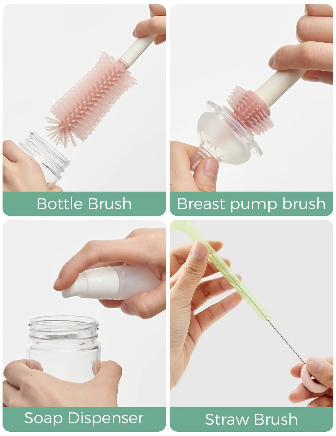 Bottle Brush Set - Baby Bottle Cleaner Kit with Silicone Brush, Nipple Brush, Straw Brush, Soap Dispenser, Drying Rack - 7 in 1 Bottle Cleaning Tool for Home and Travel, Pink