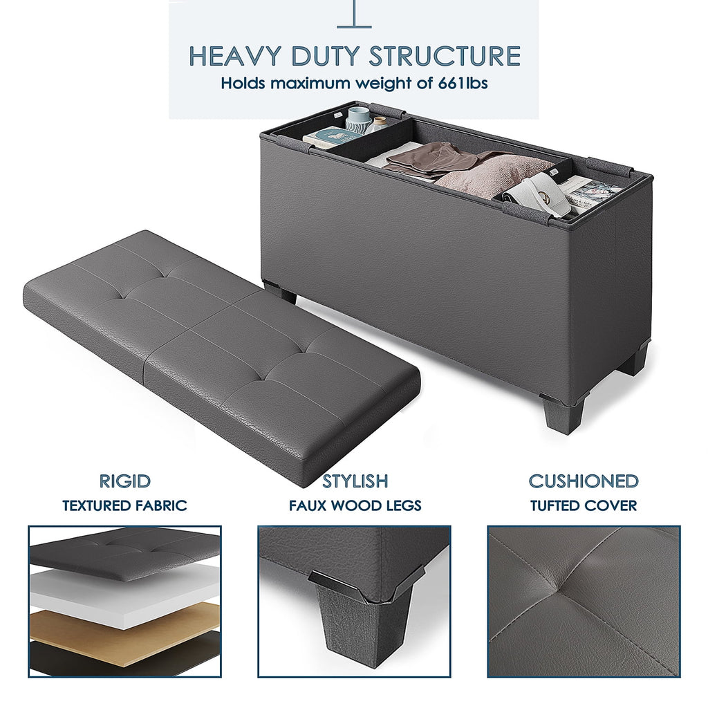 Ottoman Storage Bench, Faux Leather 30" Storage Ottoman Bench, Gray