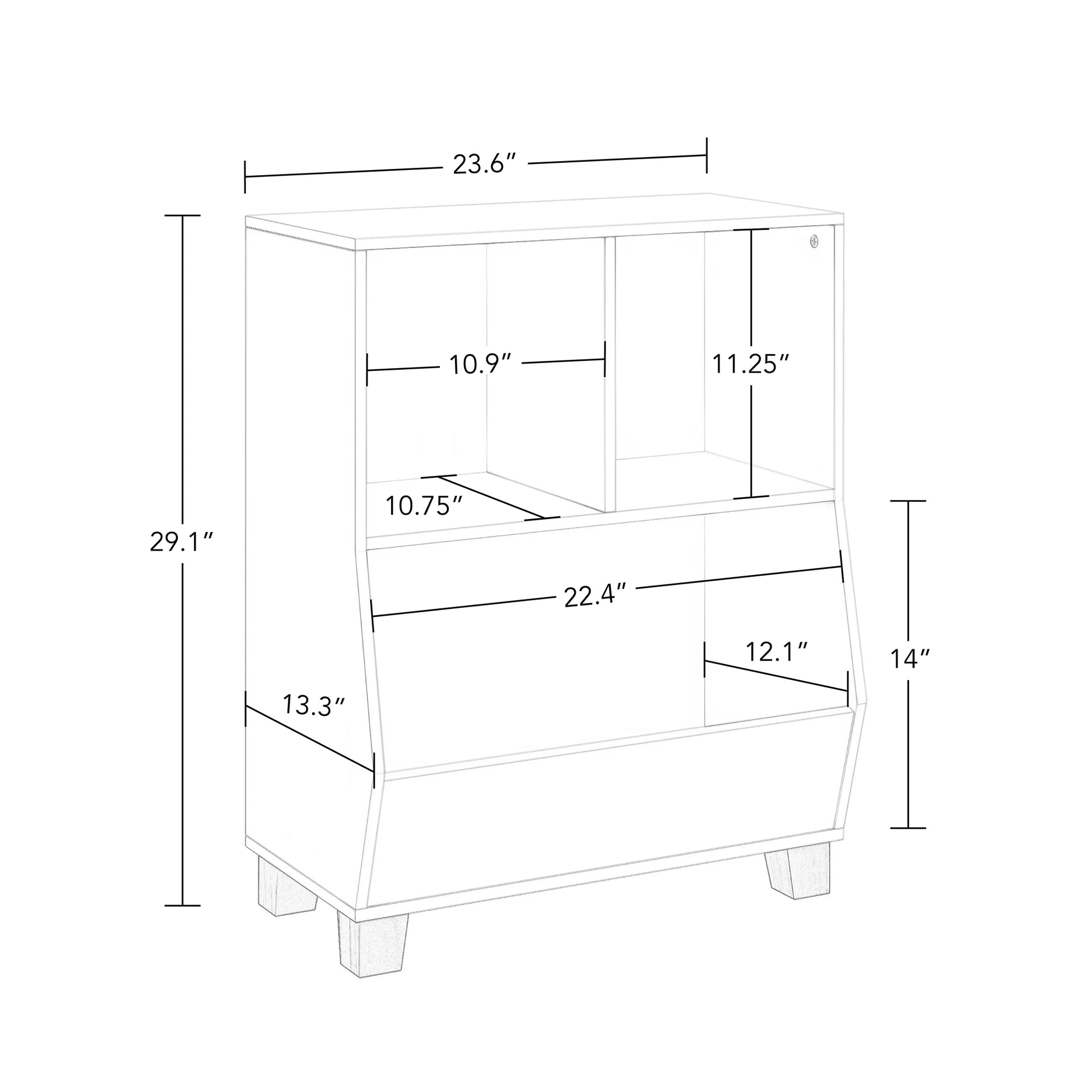 Kids Catch-All 24In Cubby Bookshelf and Toy Storage Organizer with 2 Gray Bins