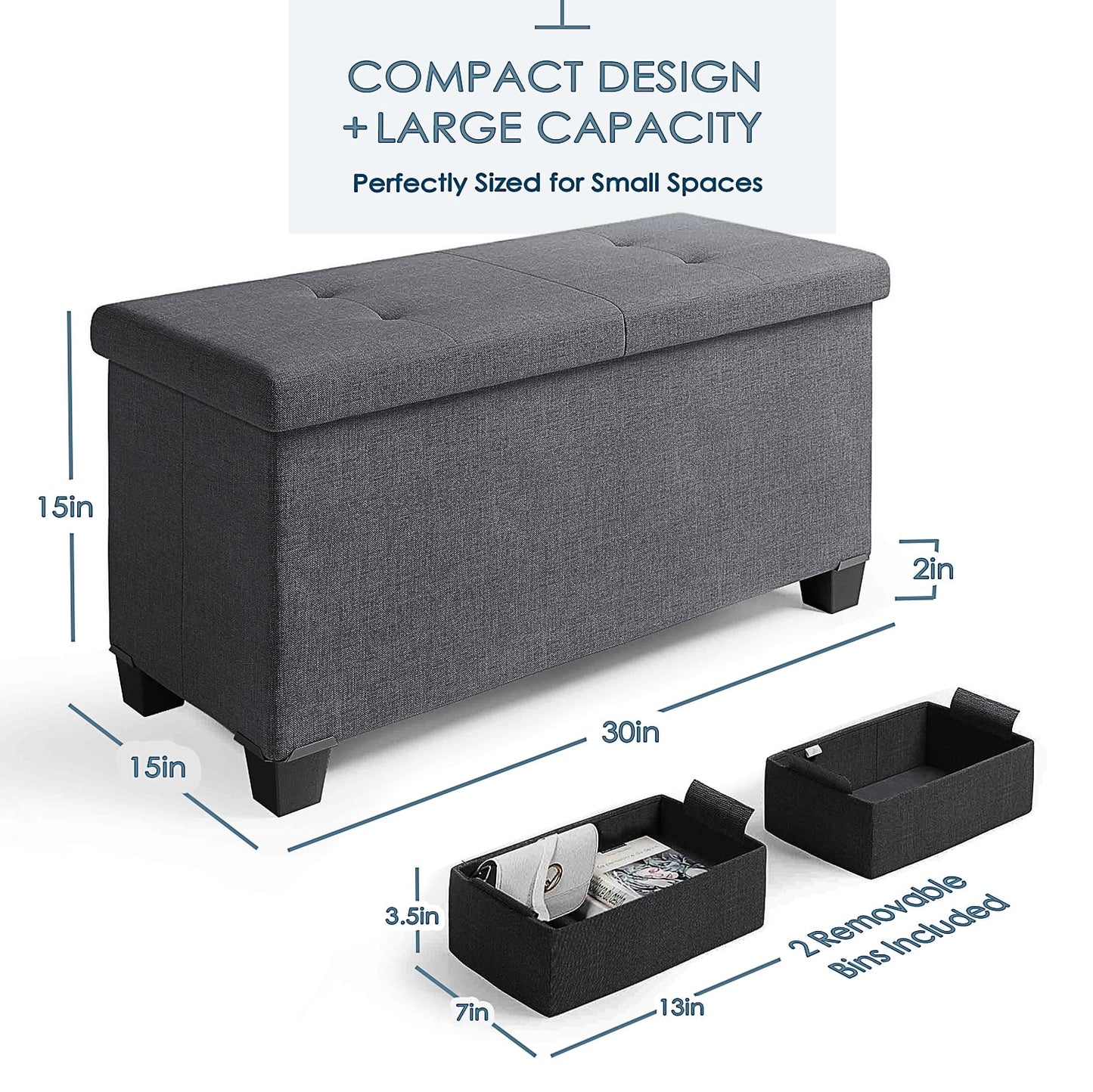 Ottoman Storage Bench, Linen 30" Storage Ottoman Bench, Gray