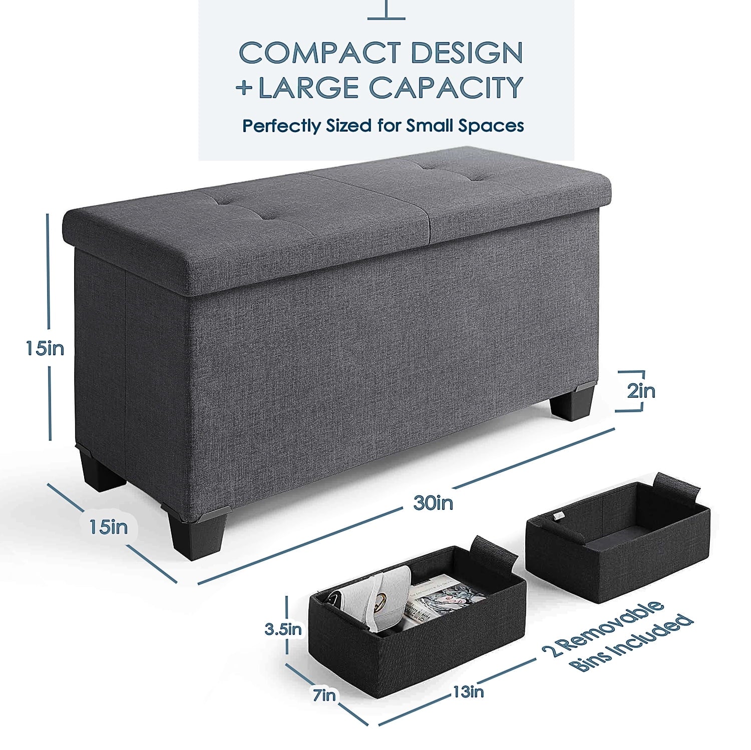 Ottoman Storage Bench, Linen 30" Storage Ottoman Bench, Gray