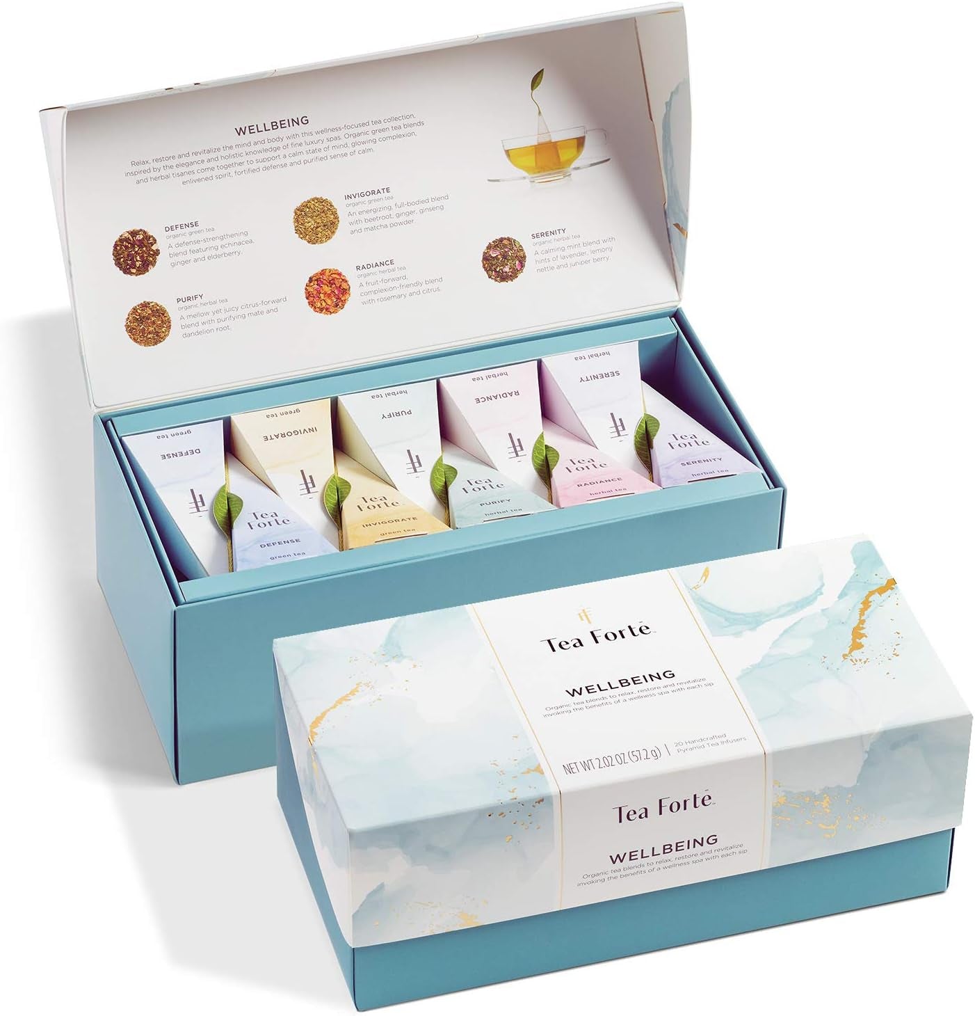 Wellbeing Assorted Presentation Box Tea Gift Set, 20 Count, 2 of Each Variety Individually Wrapped Handcrafted Pyramid Infuser Bags