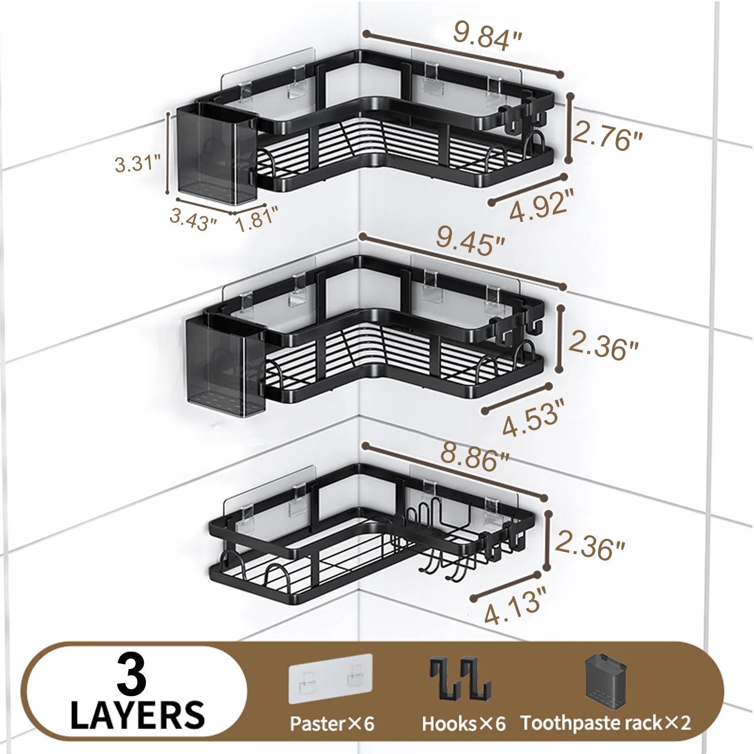 5 PCS Corner Shower Caddy, No Drilling Stainless Steel Shower Storage Rack with Hooks & Toothpaste Holder for Bathroom, Black