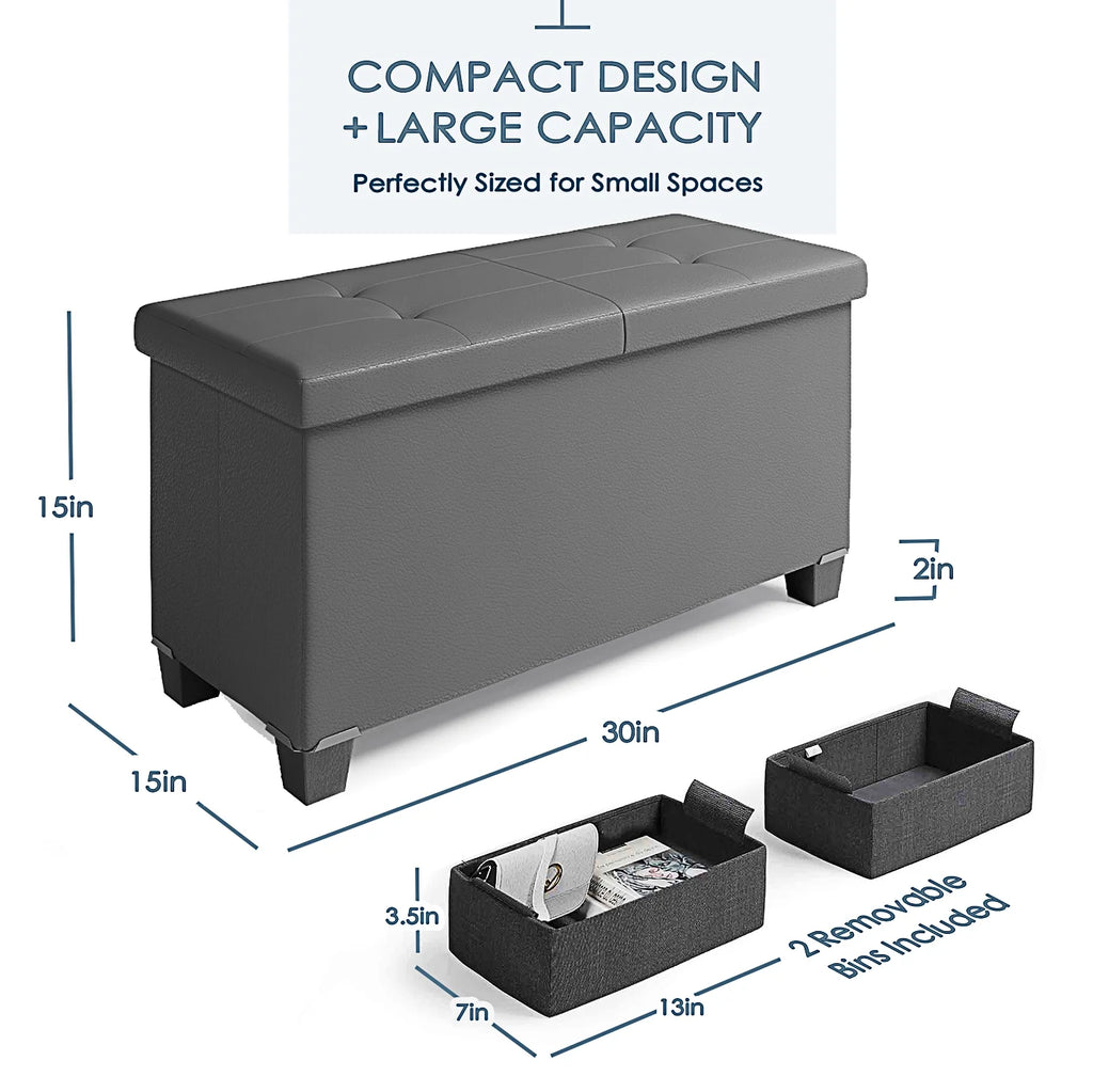 Ottoman Storage Bench, Faux Leather 30" Storage Ottoman Bench, Gray
